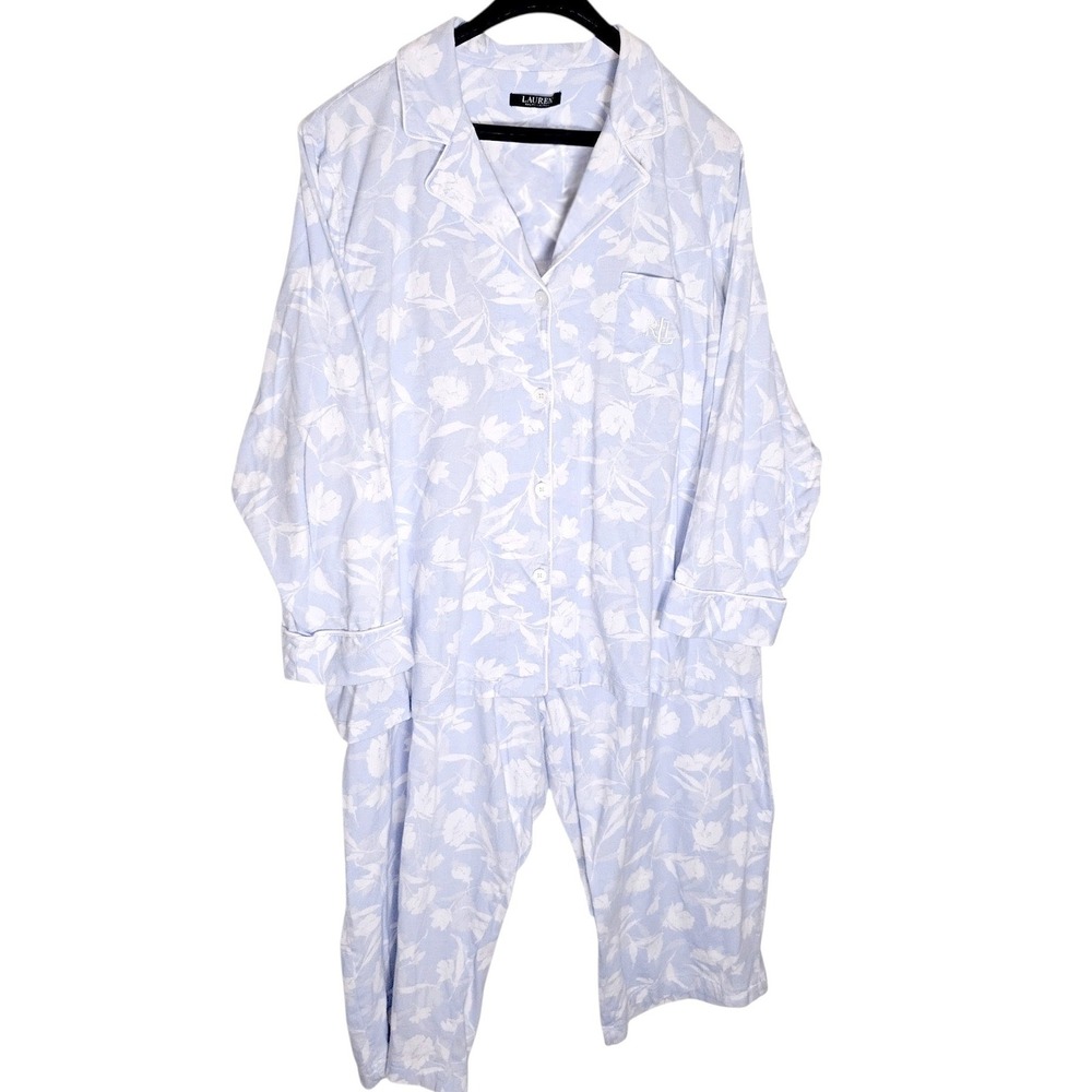 Lauren Ralph Lauren Plus Size 3X Blue Floral Pajama Set 2PC Button Down Pants